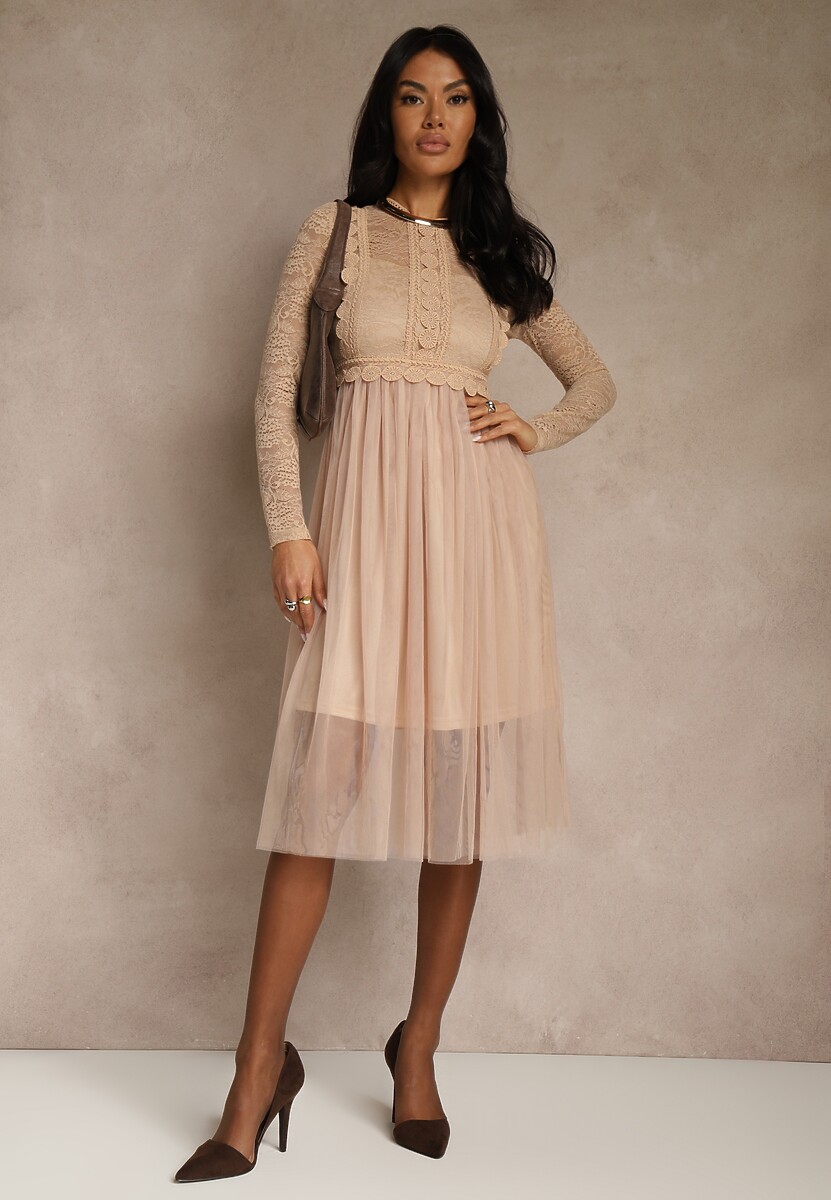 Ciemnobeżowa Elegancka Tiulowa Sukienka o Rozkloszowanym Kroju z Koronką Samelba