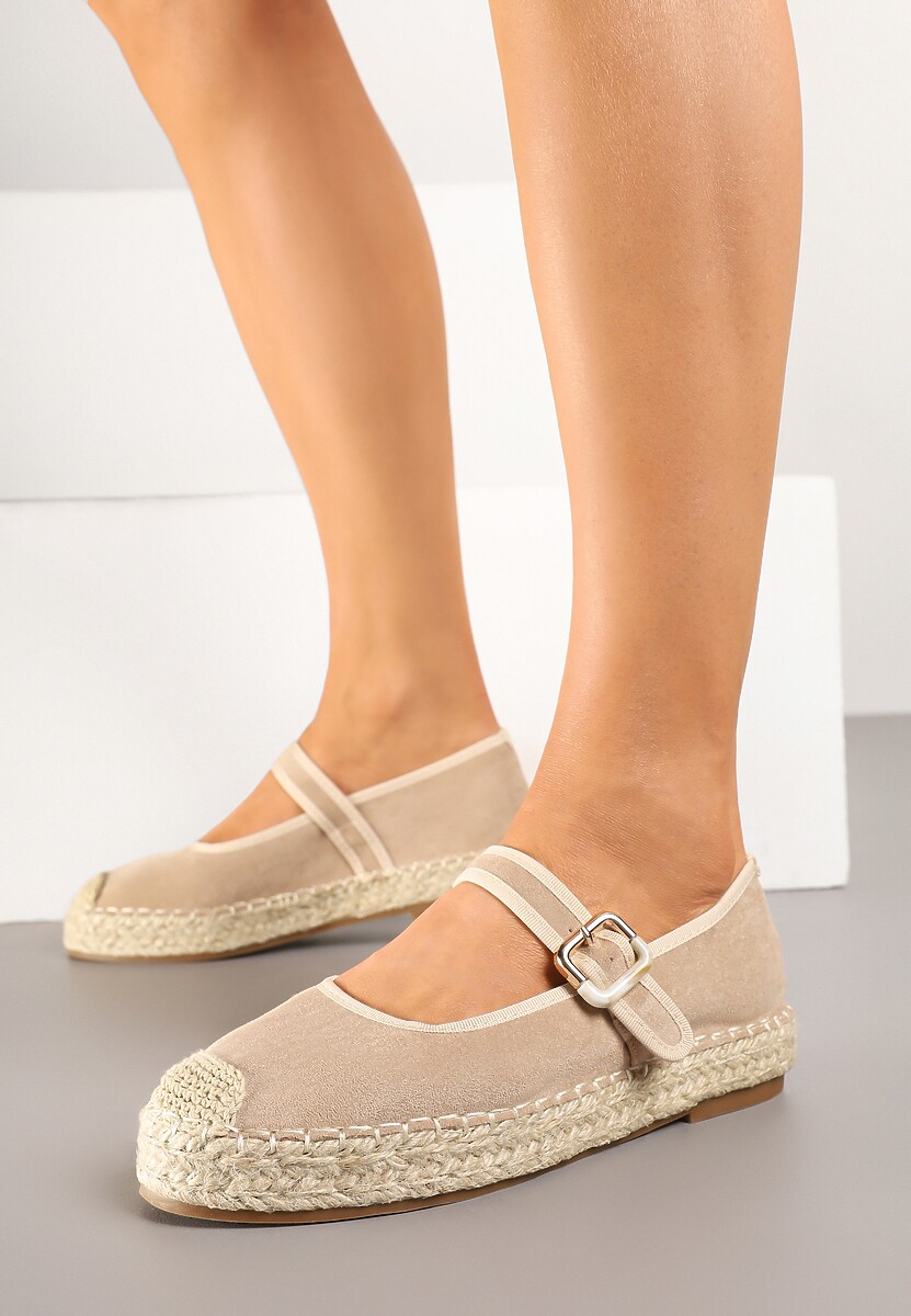 Beżowe Espadryle Ozdobione Plecionką i Paskiem Olirane