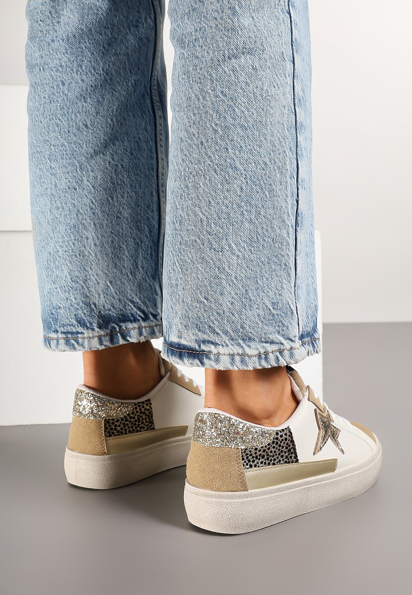 Ciemnobeżowe Sneakersy na Niskiej Platformie z Brokatowymi Zdobieniami Felaven