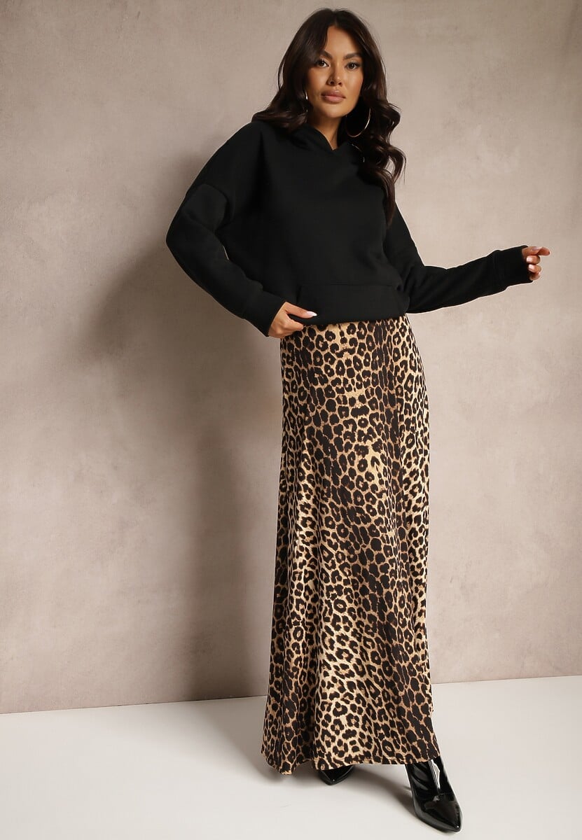 Brązowa Rozkloszowana Spódnica w Panterkę High Waist z Marszczeniem w Pasie Nolisea