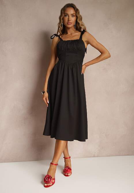 Czarna Sukienka Vices o Rozkloszowanym Kroju z Wiązanymi Ramiączkami Natirise