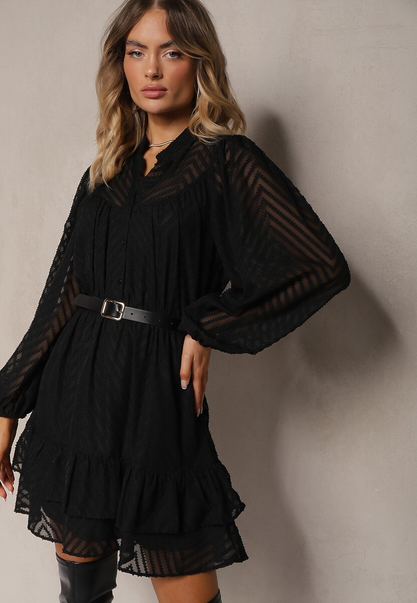 Czarna Sukienka Mini w Skośne Paski o Rozkloszowanym Fasonie z Gumką w Talii Tennari