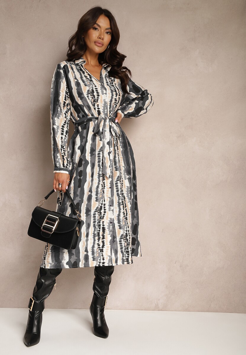 Brązowa Koszulowa Sukienka z Wiskozy Ozdobiona Materiałowym Paskiem Elliorwen