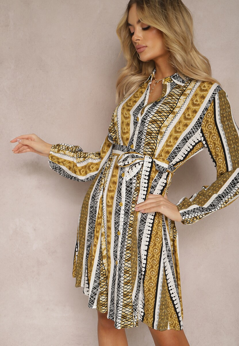 Zielona Wiskozowa Sukienka Koszulowa z Paskiem w Talii Rozkloszowana Urdiasa