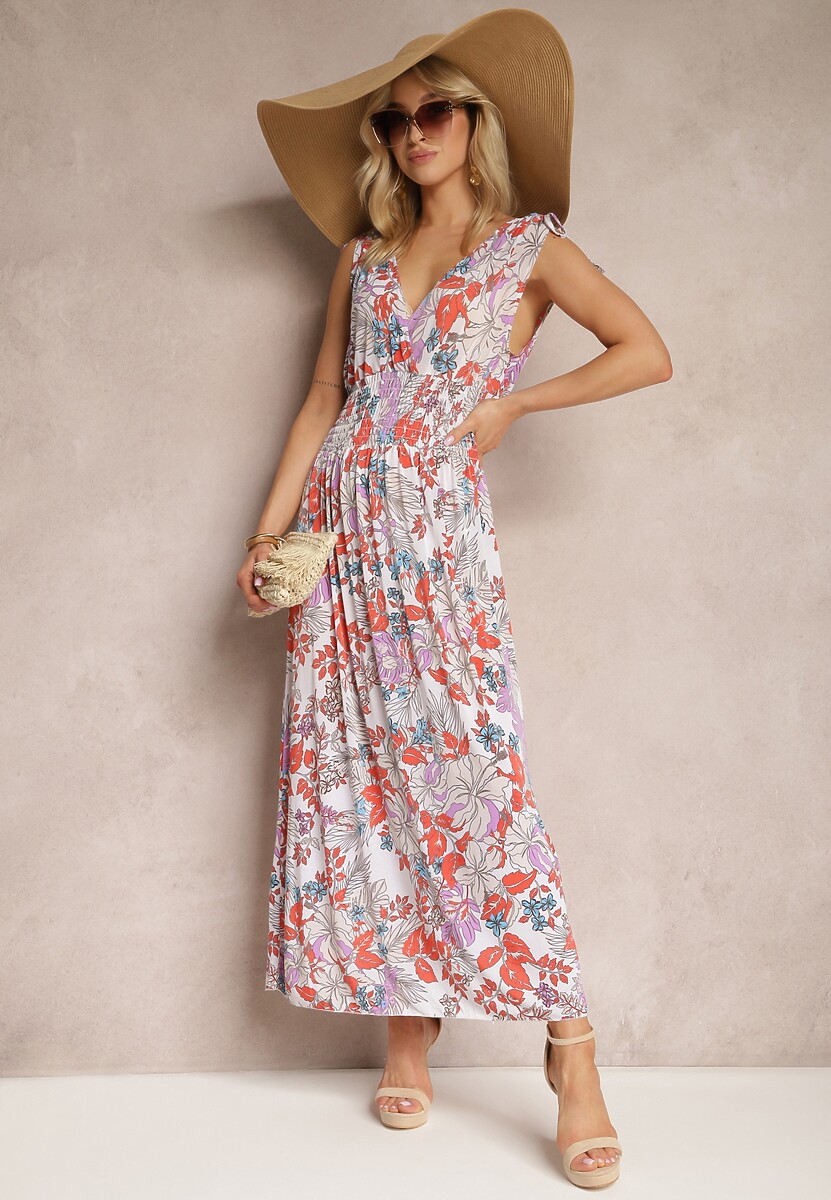 Biało-Różowa Kwiecista Sukienka z Gumką w Talii i Trójkątnym Dekoltem Vialessia