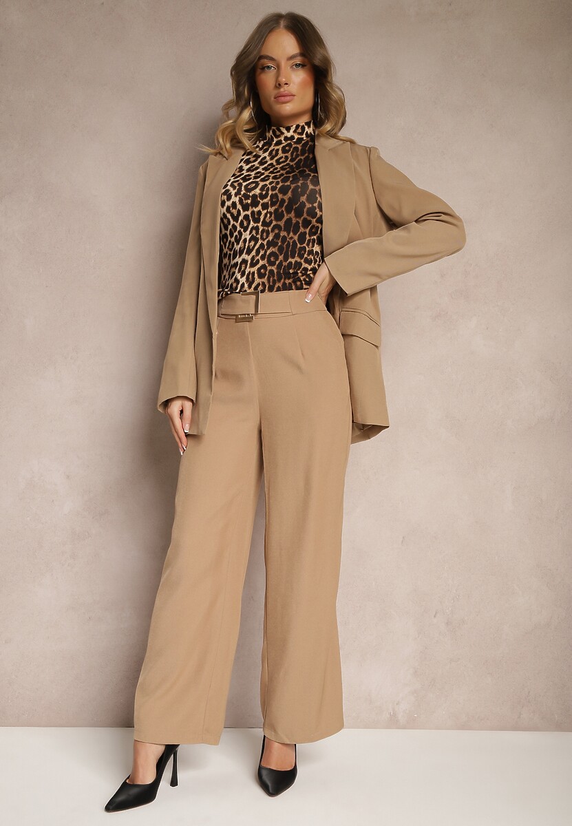 Ciemnobeżowe Szerokie Spodnie Garniturowe z Wiskozą High Waist z Paskiem z Klamrą Enarela