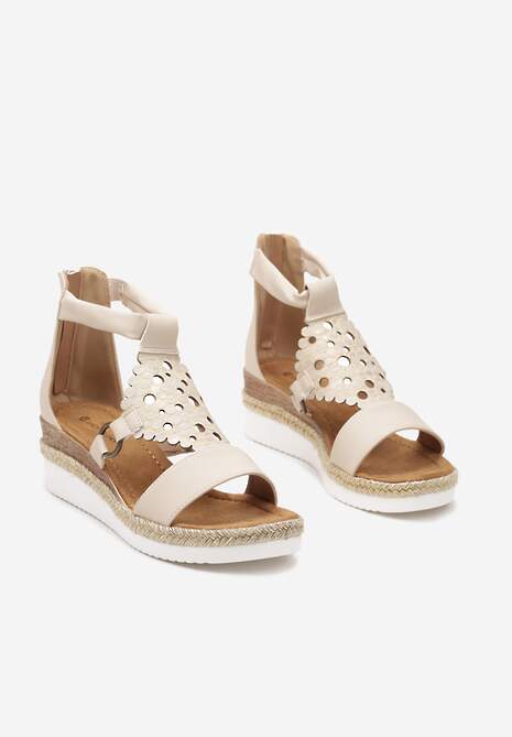 Beżowe Sandały na Koturnie z Ekoskóry Zapinane na Suwak Obissa