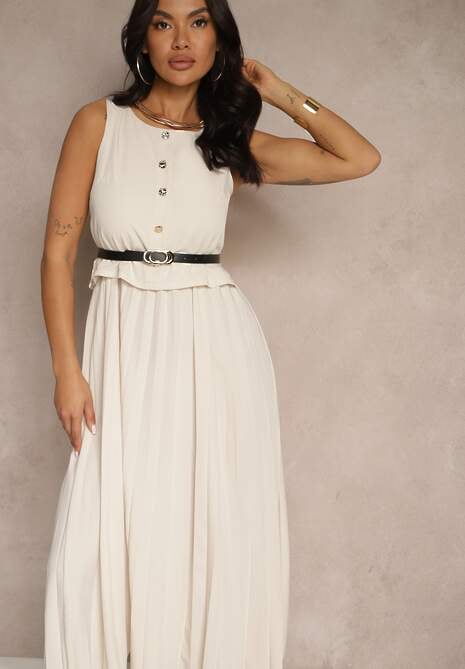 Beżowa Plisowana Sukienka o Rozkloszowanym Kroju Bez Rękawów z Paskiem z Klamrą Iffule