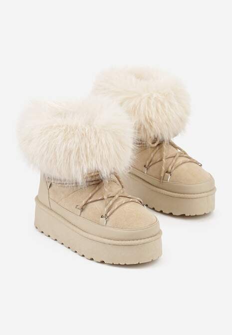 Beżowe Śniegowce na Platformie Ozdobione Futerkiem Teswena