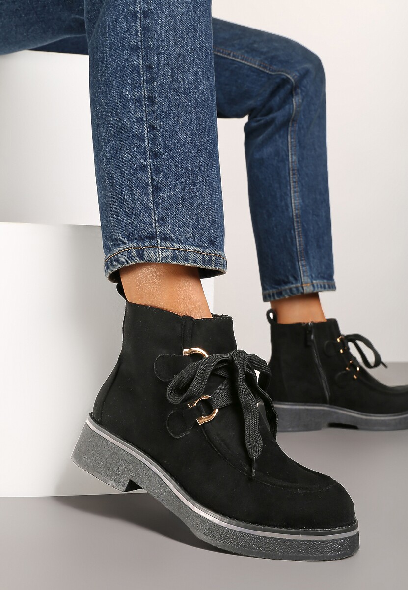Czarne Ocieplane Płaskie Botki Ozdobione Sznurowaniem Resivara