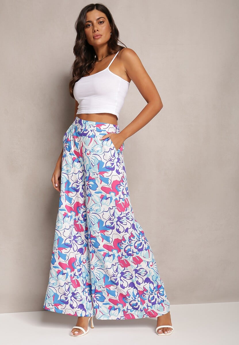 Jasnoniebieskie Długie Spodnie w Kwiatowy Print z Gumką w Pasie i Kieszeniami Kaydan