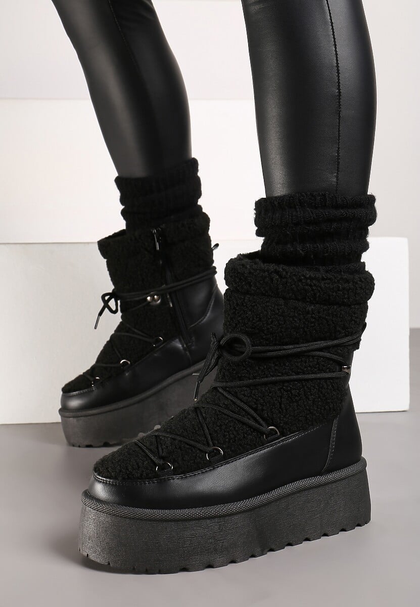 Beżowe Sznurowane Śniegowce Vices na Platformie z Futerkiem Ravorelle