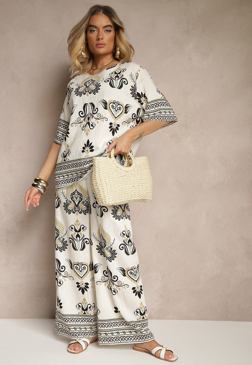 Niebieski Wiskozowy Komplet w Orientalny Print Szerokie Spodnie i T-shirt Pollialia