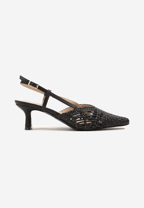 Czarne Plecione Sandały na Obcasie Kaczuszka Slingback Felorna