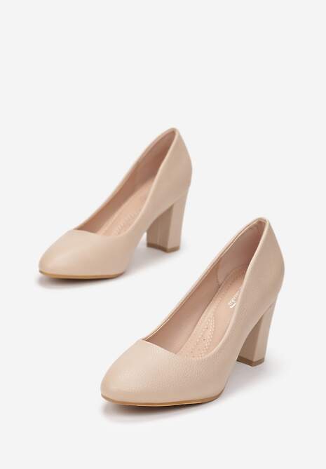 Beżowe Czółenka z Okrągłym Noskiem na Słupku z Imitacji Skóry Wilnia