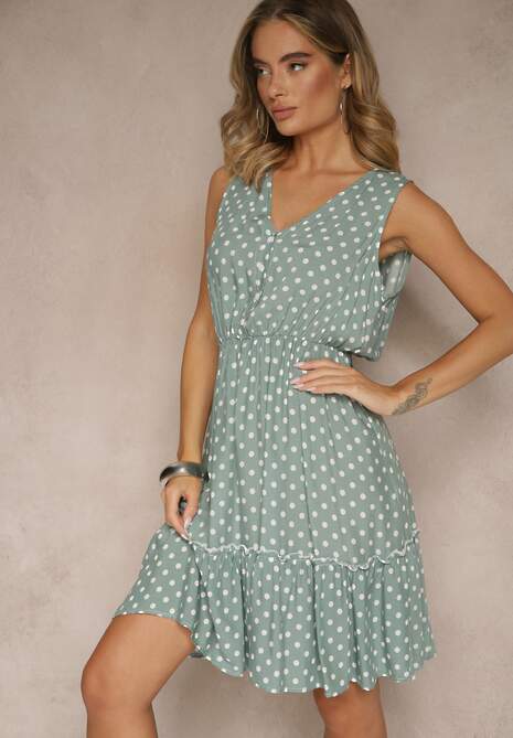 Jasnozielona Rozkloszowana Sukienka z Bawełną i Wiskozą ze Wzorem Kropek Lilamora