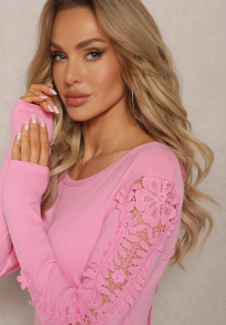 Różowa Bluzka z Ażurowymi Wstawkami na Plecach i Rękawach Ailrenia