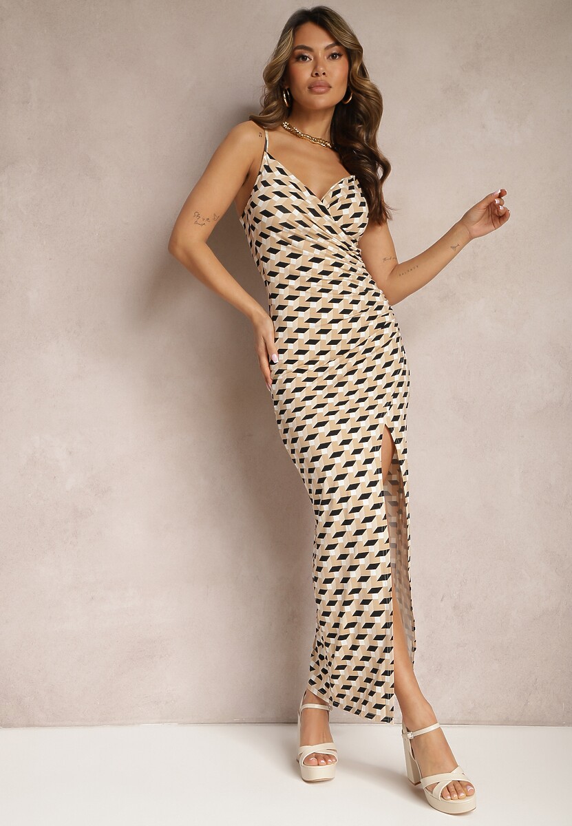 Beżowo-Czarna Dopasowana Sukienka na Ramiączkach z Marszczeniem Terida