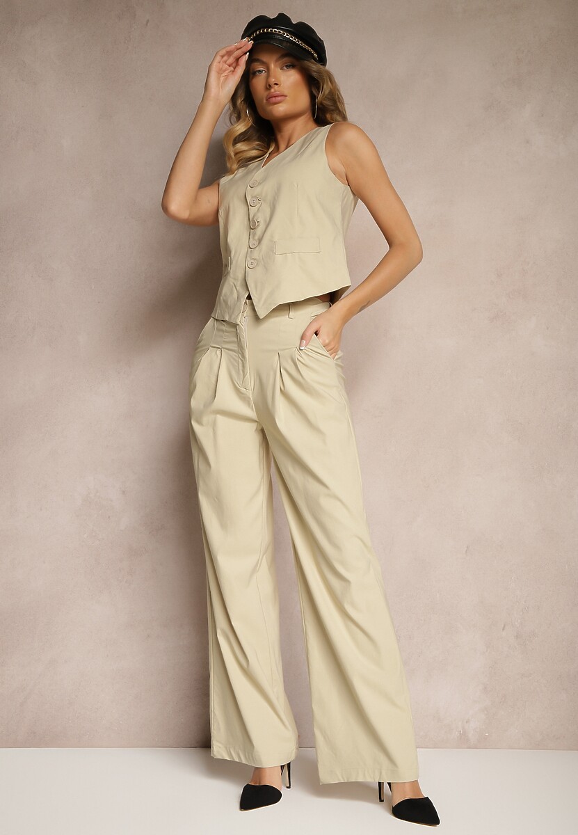 Beżowy Garniturowy Komplet Kamizelka i Proste Spodnie High Waist Nithriella