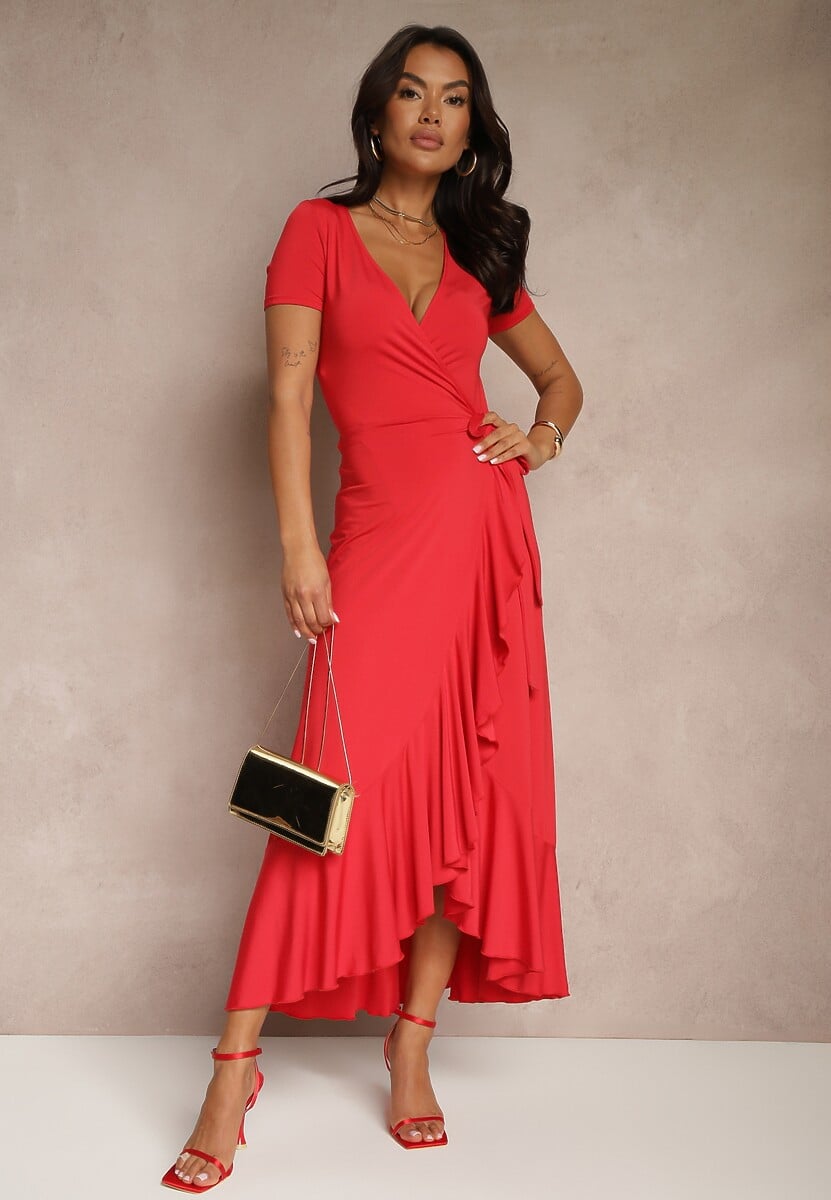 Czerwona Sukienka o Kopertowym Fasonie z Falbankami Zleffia