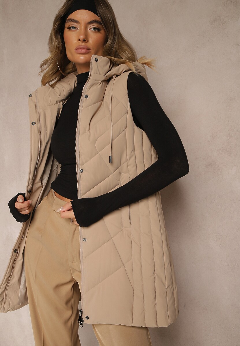 Ciemnobeżowa Pikowana Kamizelka o Taliowanym Kroju z Kapturem Tulonea