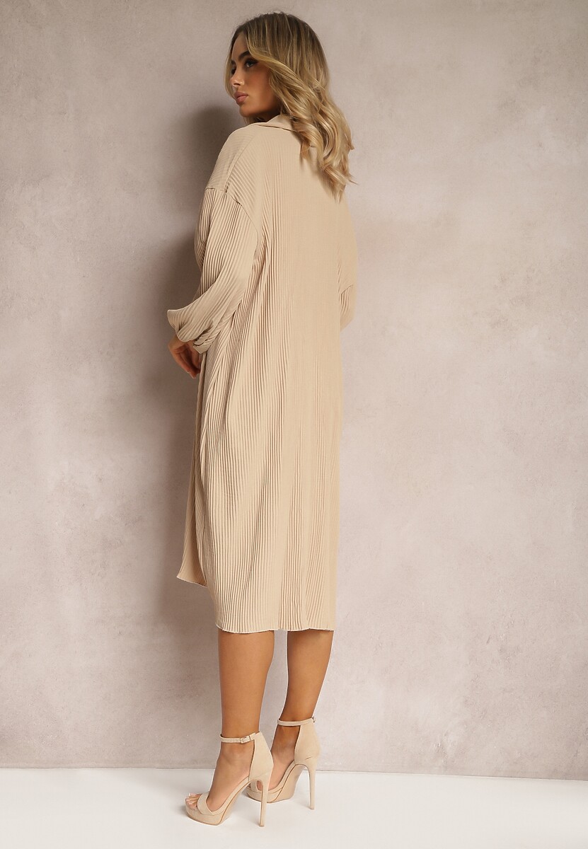 Beżowa Plisowana Sukienka Midi z Kołnierzem i Guzikami Danitza