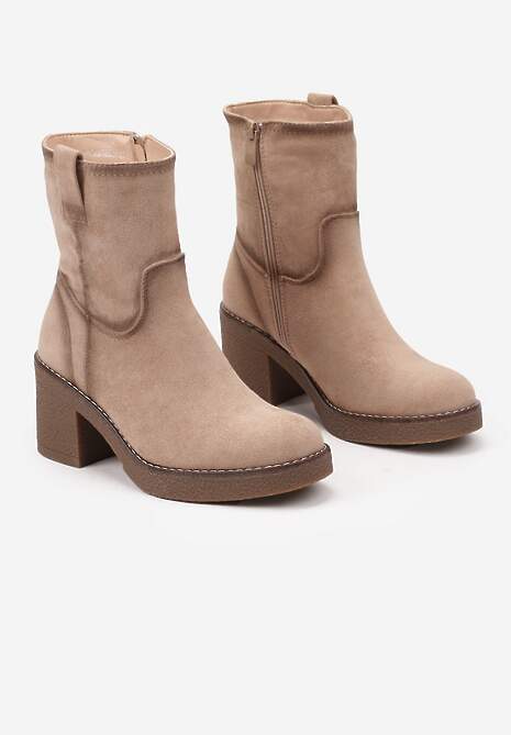 Beżowe Ocieplane Botki na Słupku Ozdobione Paskiem Asintila