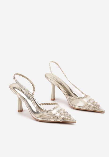 Złote Sandały Transparentne z Cyrkoniami na Obcasie Typu Szpilka Felinira