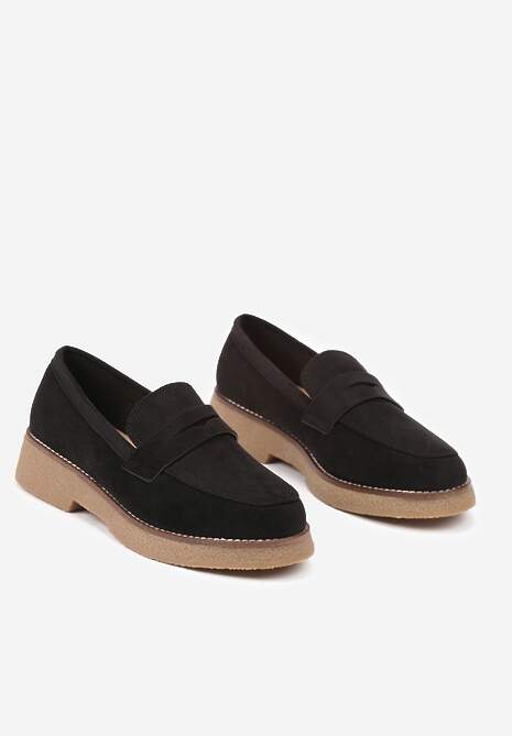 Czarne Mokasyny na Płaskiej Podeszwie z Przeszyciami i Paskiem Merinara