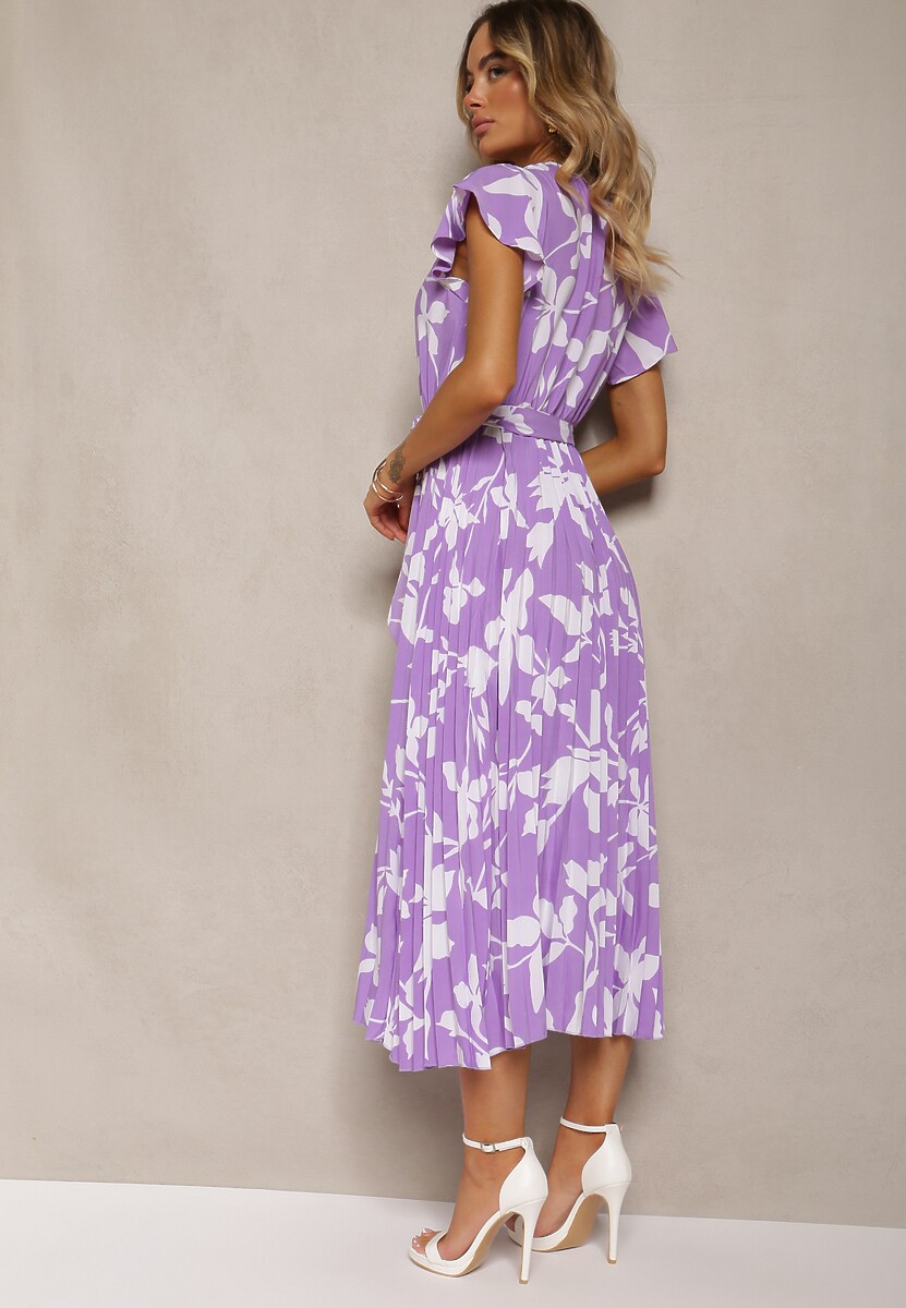 Fioletowa Sukienka z Kopertowym Dekoltem Plisowanym Dołem Wykończona w Talii Paskiem i Gumką Elsavia