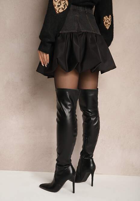 Czarna Spódnica Rozkloszowana Ozdobiona Falbanką i Jeansową Wstawką Norienna