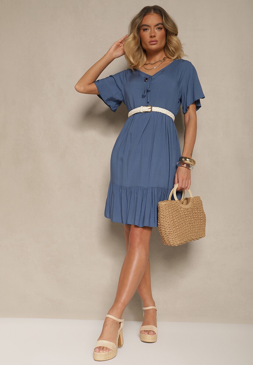 Niebieska Bawełniana Sukienka Rozkloszowana z Wiązaniem przy Dekolcie Mepova