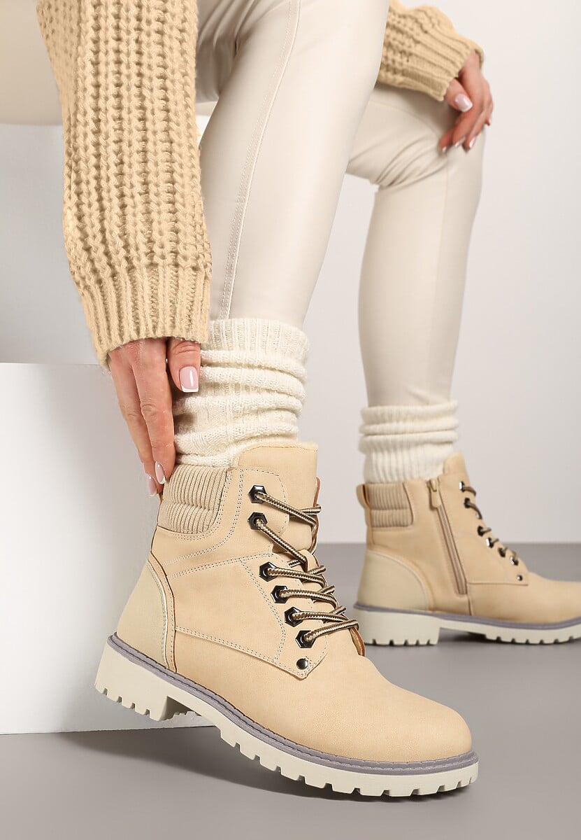 Beżowe Sznurowane Casualowe Traperki na Płaskiej Podeszwie Relobia