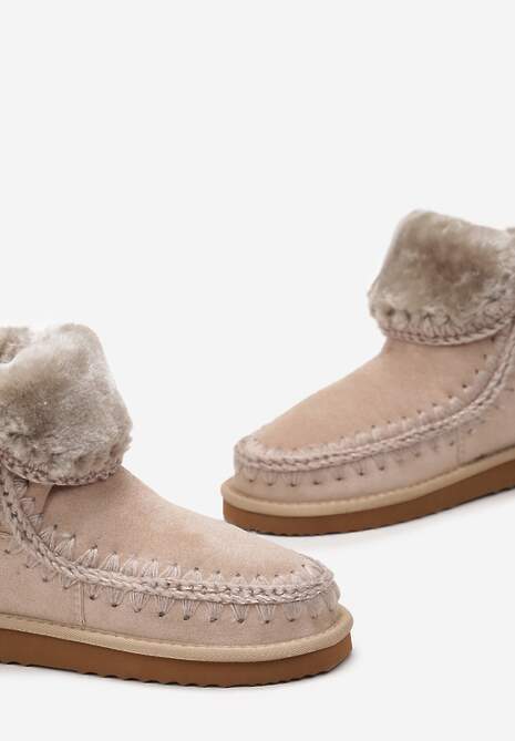 Beżowe Śniegowce za Kostkę z Ozdobnym Futerkiem Catalisa