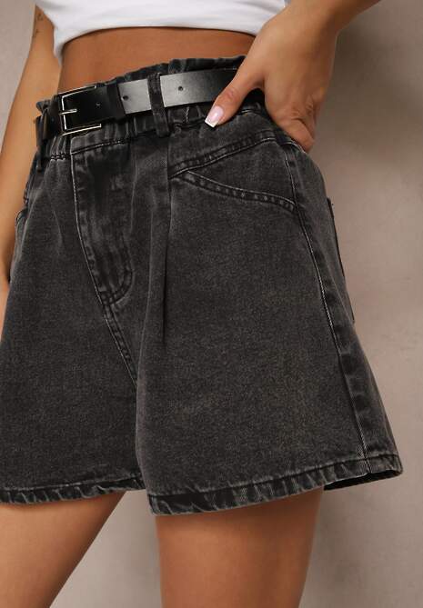 Czarne Szorty Jeansowe z Gumką w Talii i Paskiem Zdobione Przeszyciami Alanissa