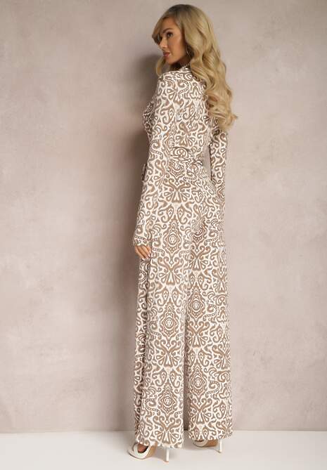 Beżowy Długi Kombinezon z Ornamentalnym Wzorem i Wiązanym Paskiem Feniti