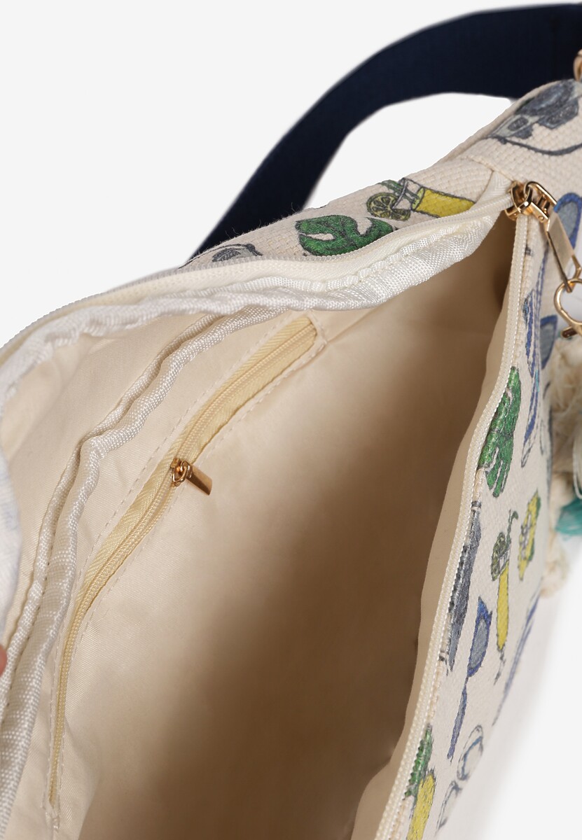 Beżowo-Granatowa Nerka z Dodatkową Kieszonką Wewnątrz Ozdobiona Frędzlami Humubia