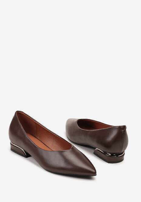 Brązowe Czółenka Vices ze Skórzaną Wkładką na Niskim Obcasie ze Zdobieniem Dakene