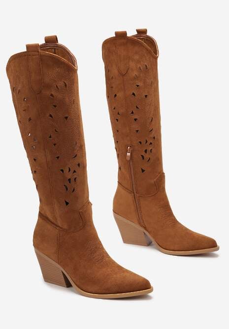 Brązowe Kozaki Kowbojki na Ściętym Słupku z Ażurową Cholewką Fenira