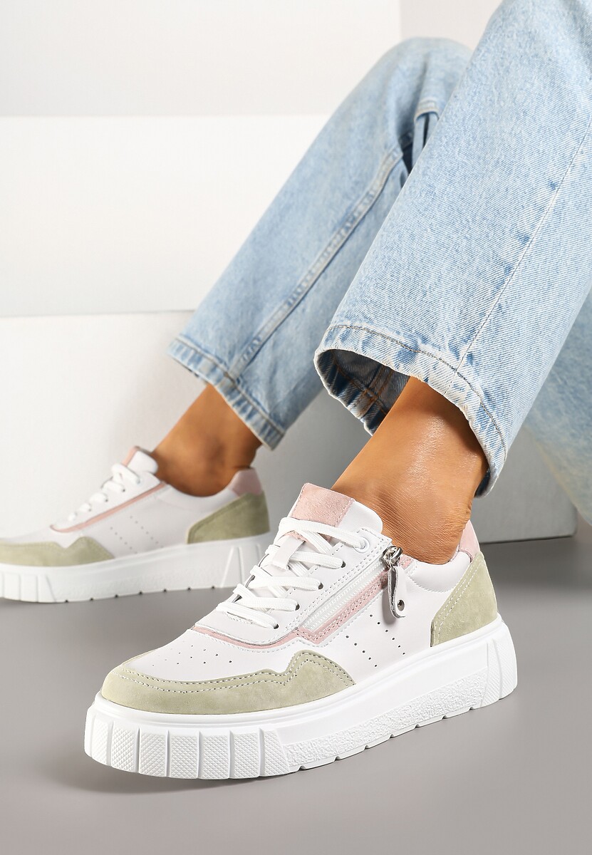 Biało-Zielone Sneakersy ze Skóry Naturalnej z Ozdobnym Suwakiem Tilliraya