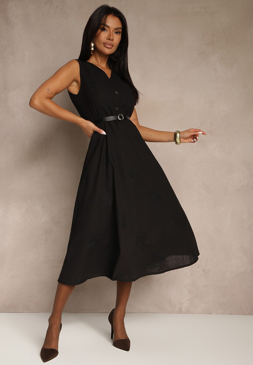 Czarna Rozkloszowana Sukienka z Wiskozą z Paskiem i Guzikami Ulisena