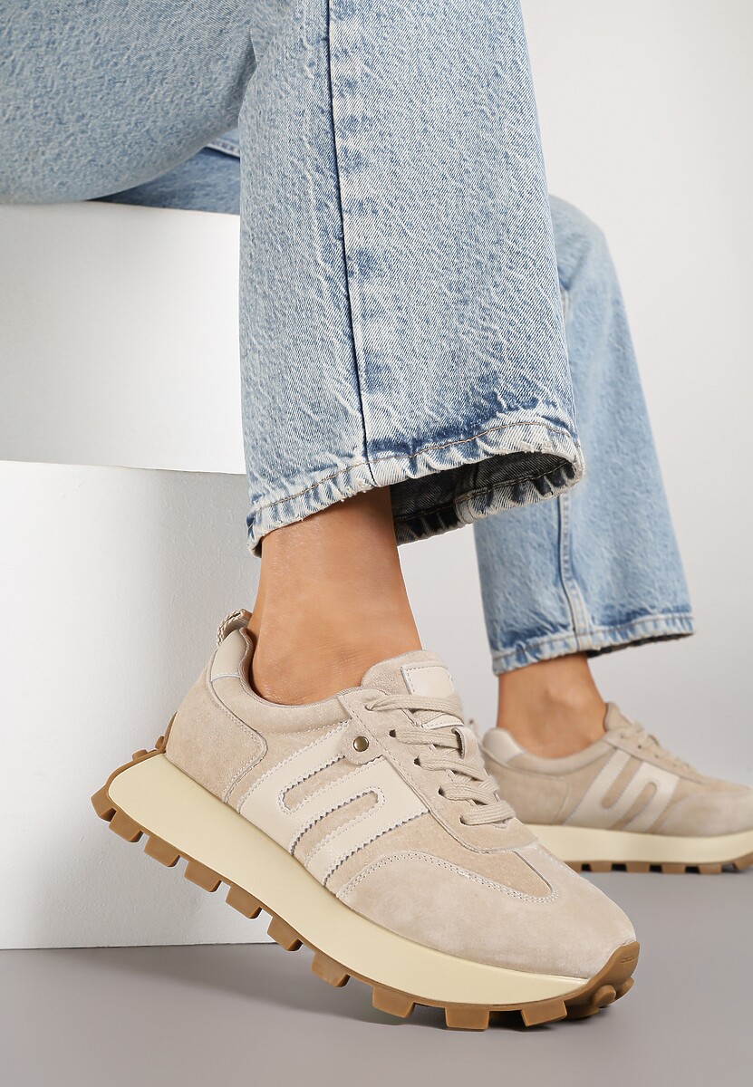 Beżowo-Fuksjowe Sneakersy ze Skóry Naturalnej Ozdobione Geometrycznym Wzorem Melassea