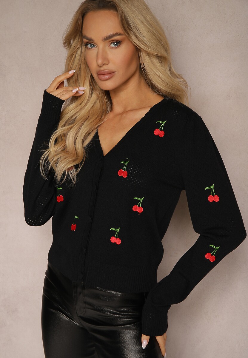 Czarny Kardigan Ozdobiony Haftem w Kształcie Wisienek Nirinia