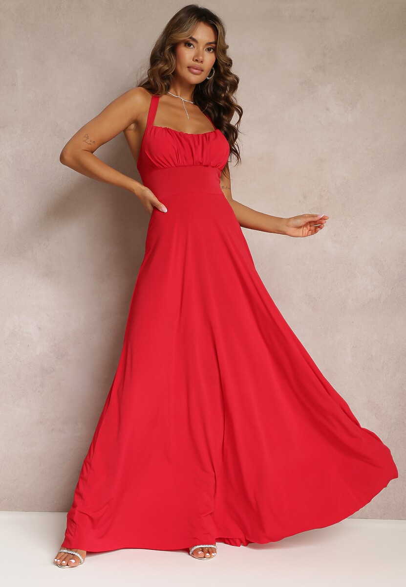 Jasnobeżowa Długa Sukienka z Marszczonym Dekoltem i Wiązanymi Ramiączkami Rozvita