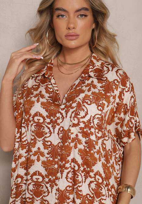 Brązowa Wiskozowa Sukienka o Koszulowym Kroju w Ornamentalny Wzór Inisaria
