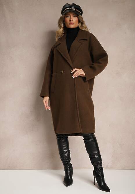 Brązowy Dwurzędowy Płaszcz Oversize z Wełną Spolete