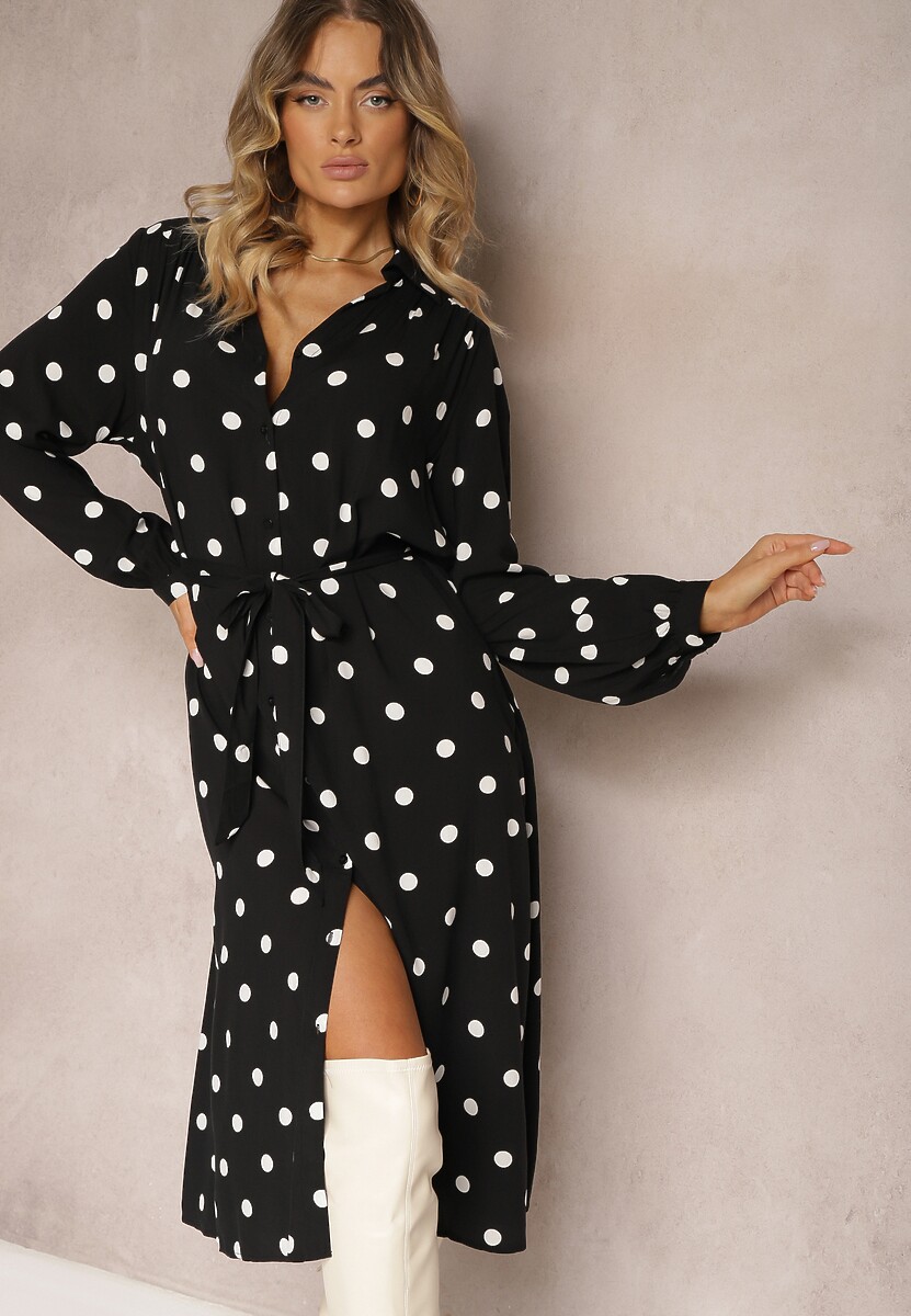 Czarna Wiskozowa Sukienka o Koszulowym Fasonie w Kropki z Paskiem i Kieszeniami Liliea