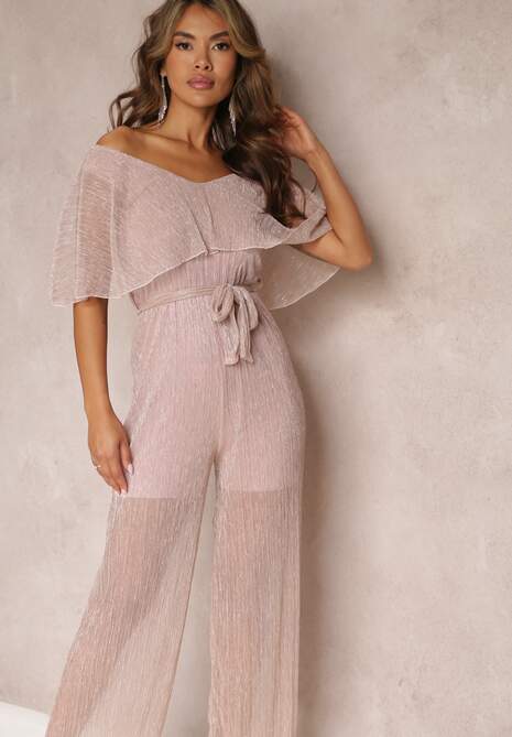 Różowy Kombinezon z Szerokimi Nogawkami i Ozdobną Narzutką Phedia