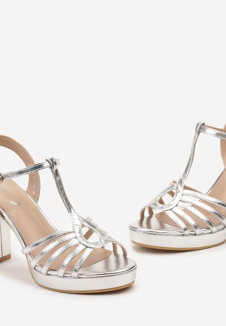 Srebrne Sandały na Słupku i Niskiej Platformie Xalena