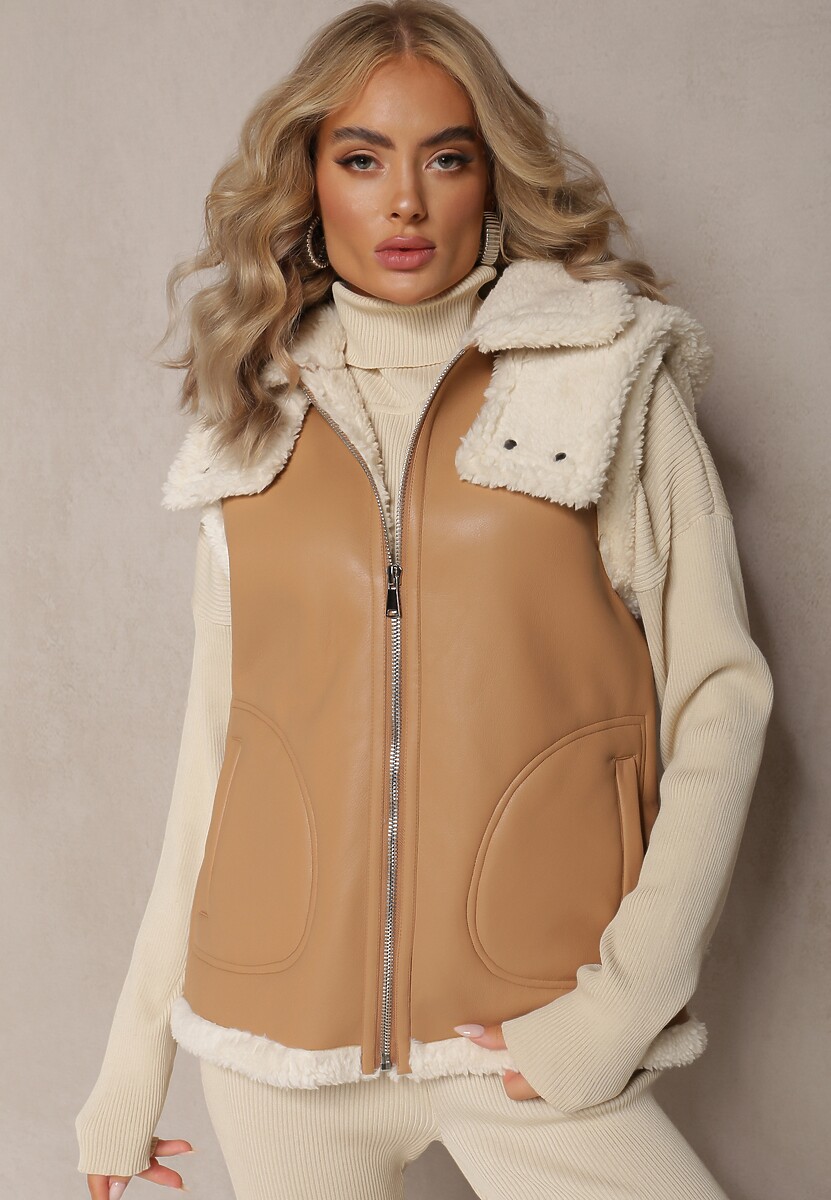 Jasnobrązowa Kamizelka Bezrękawnik z Imitacji Skóry z Futerkiem Irisse